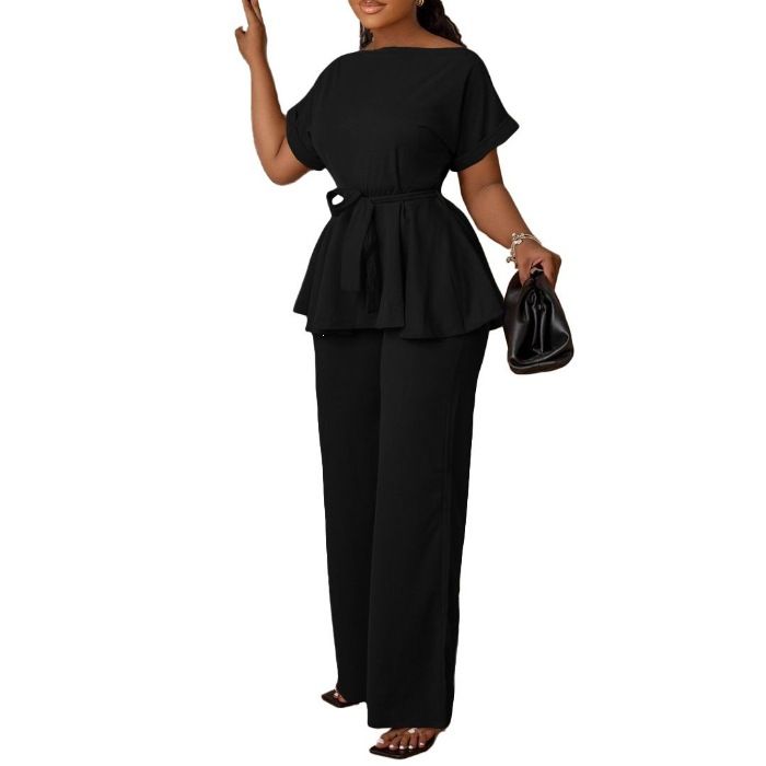 Summer Women's Fashion Casual Suit European American Style Solid Color Tie up Top Wide Leg Pants Set_ecoleips.com