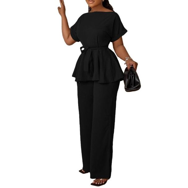 Summer Women's Fashion Casual Suit European American Style Solid Color Tie up Top Wide Leg Pants Set_ecoleips.com