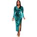 Satin V-Neck Bubble Sleeve Dress – Ruched Waist & Thigh Slit Party Gown (S-XXL, Polyester-Spandex)_ecoleips.com