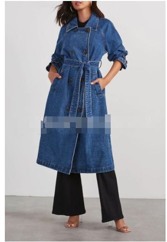 Women's Long Denim Trench Coat With Belt - Classic Blue & Black Casual Streetwear Jacket For Spring & Summer_ecoleips.com