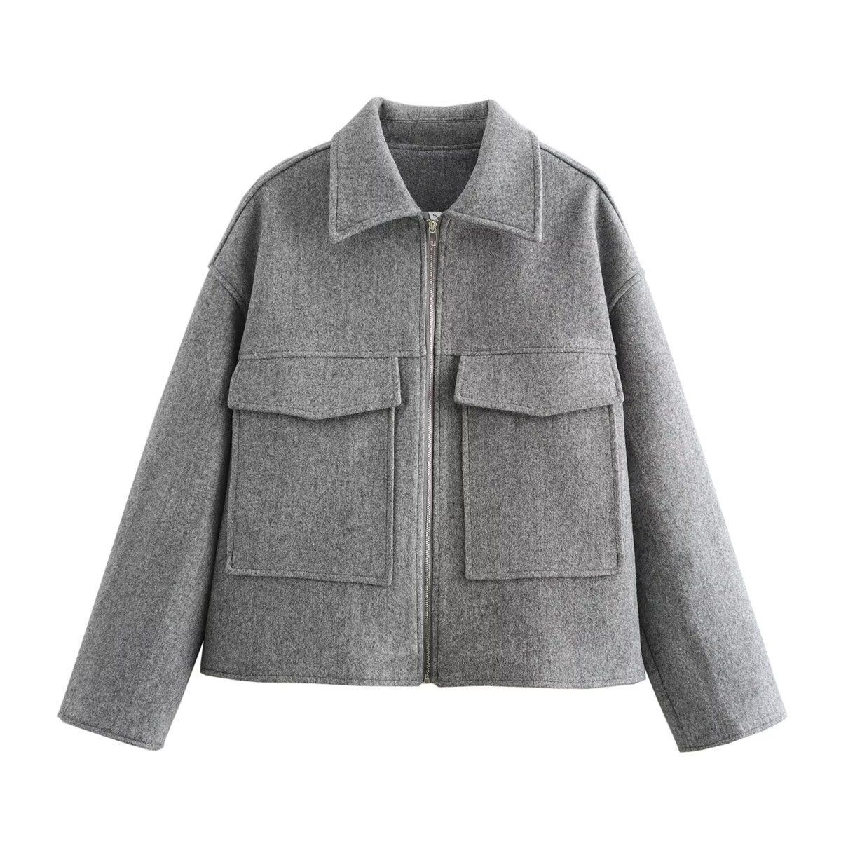 Women's Woolen Jacket Large Pocket Multi-colored Zipper Casual Lapel Versatile Loose Coat_ecoleips.com
