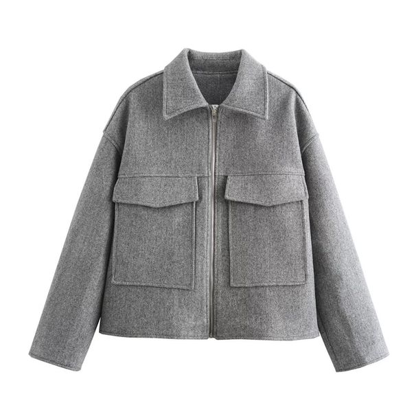 Women's Woolen Jacket Large Pocket Multi-colored Zipper Casual Lapel Versatile Loose Coat_ecoleips.com