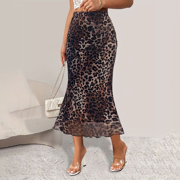 Verve Women's Sexy Leopard Print Stretch Mesh Sheer Knitted Versatile Mermaid Long Skirt_ecoleips.com