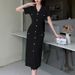 Elegant Women's Round Neck Short Sleeve Knit Dress Button Down Cutout Long Skirt Slim Fit For Beach Vacations_ecoleips.com