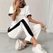 Women's Clothing Women's Summer Casual Two Piece Set Letter Print Color Block Short Sleeve Top With Pants Loose Fit Elastic Waist_ecoleips.com
