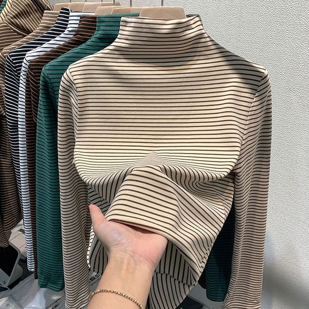A Double-Sided German Fleece Semi-High-Neck Base Layer With Yard-Woven Stripes For Women To Pair With A Long-Sleeved Str_ecoleips.com