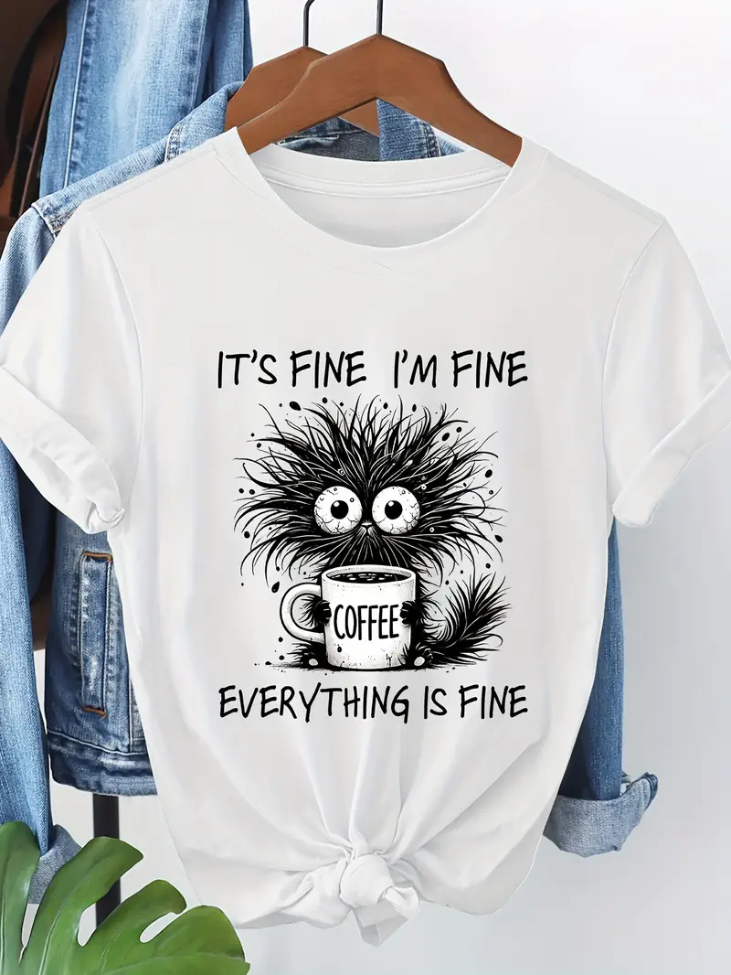 Funny Design T Shirt Short Sleeve T-Shirt Whimsical Cat And Coffee Graphic Print Women's T-Shirt Clothing Women's Top Tee_ecoleips.com