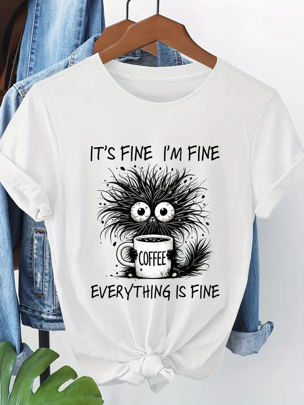 Funny Design T Shirt Short Sleeve T-Shirt Whimsical Cat And Coffee Graphic Print Women's T-Shirt Clothing Women's Top Tee_ecoleips.com