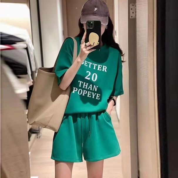 Women's Korean Style Sports Suit for Summer Loose Slim Fit Fashionable Short Sleeved Two Piece Casual Suit for Running_ecoleips.com