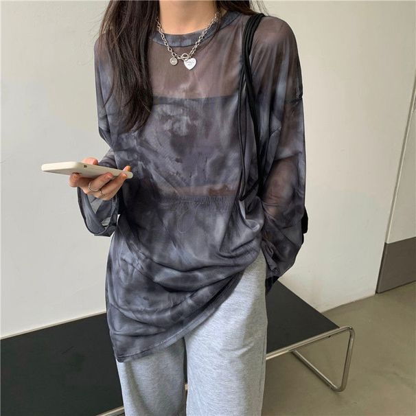 Women's Loose Fitting Tie Dye Long Sleeve T-Shirt Korean Style Semi Sheer Mesh Top Stylish Sun Protection Base Layer Thin 2024_ecoleips.com