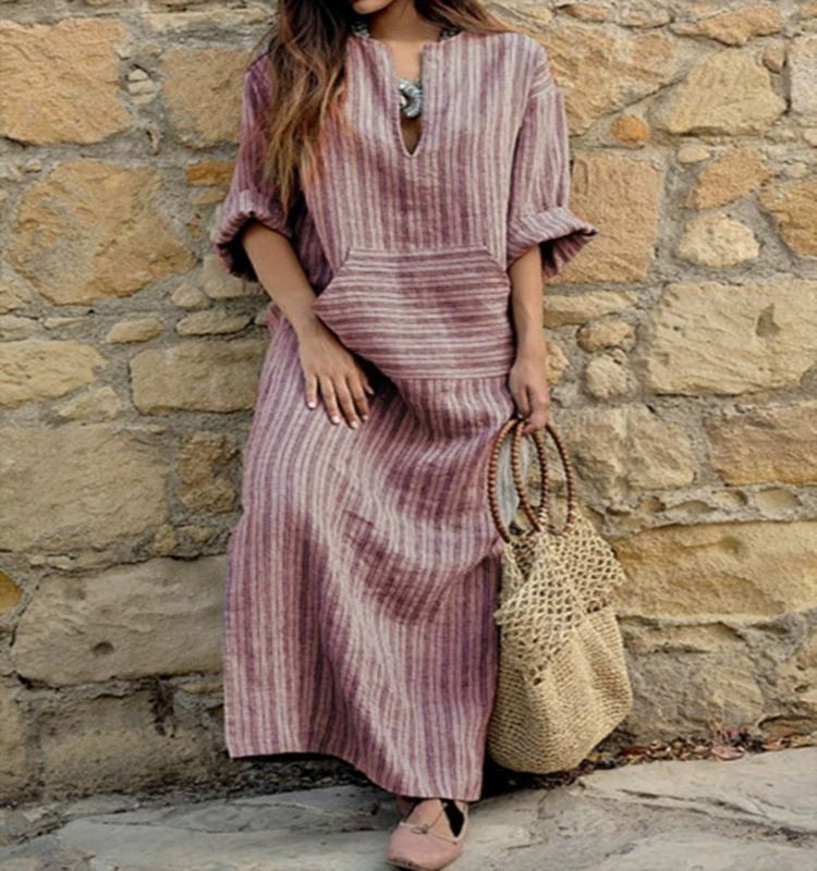 Modest Abaya Dress/Muslim Dress Women Breathable Cotton-Blend Striped Maxi Dress With U-Neck & Side Slit - Loose Fit Casual Office Wear(S-5XL)_ecoleips.com