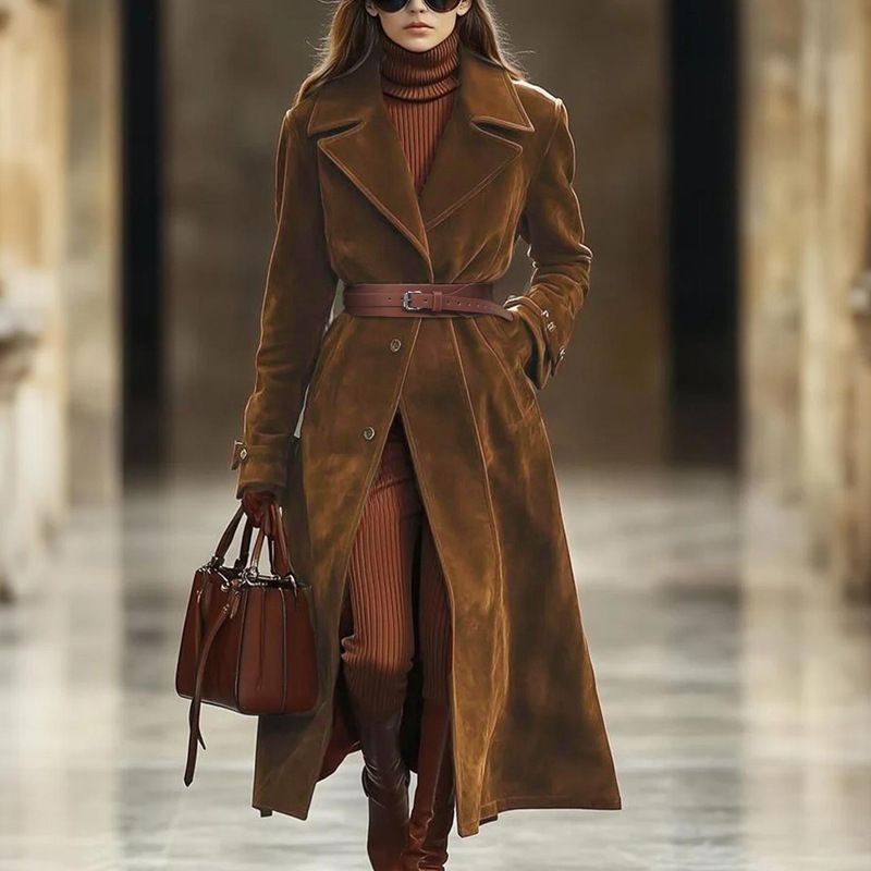 Women's Oversized Long Coat With Lapel Collar - Soft Air Suede Fabric, Loose Fit Long Sleeve Trench Coat For Autumn Winter (Khaki, S-4XL)_ecoleips.com