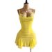 Pale Yellow Lace Slip Dress Pure Alluring Fitted Waist Pleats Mesh Ruffles Fishtail Hem Elegant Bodycon Silhouette Women's Dress_ecoleips.com