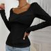 Voya Women's New Stock Slim Fit Waist Cinched Chicken Heart Collar Knitted Long Sleeved T-shirt Commuting Top_ecoleips.com