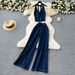 Casual Women's Premium Selection Suit Korean Style Fashionable Summer Outfit Subtle Knot Halter Neck Tank Top High Waist Wide Leg_ecoleips.com