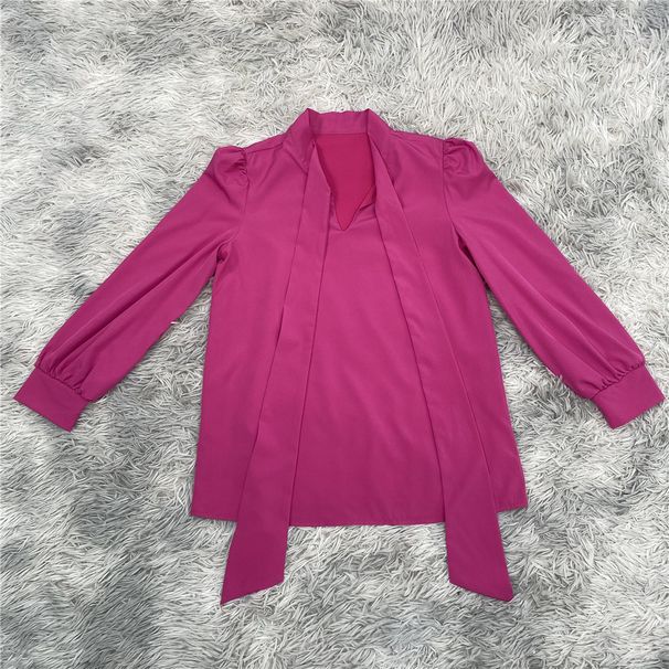 New Style Long Sleeved Satin Solid Color Women's Blouse With Tie Elegant Commuter Top_ecoleips.com