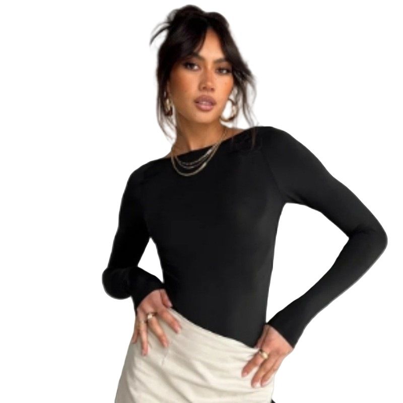 Women's Casual Long-Sleeved T-Shirt, Spring And Autumn Solid-Color Fitted Pullover T-Shirt, Women's Street Wear Base Lay_ecoleips.com
