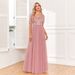 Women's Clothing Elegant Short Sleeved Splicing Double V Neck A Line Tulle Evening Dress A Line Sequined Dress_ecoleips.com