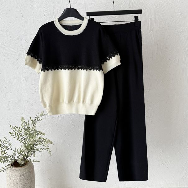Women's Lace Two Piece Set Short Sleeve Fashionable Casual Suit Elegant Summer Style Wide Leg Pants European And American Cross Border_ecoleips.com