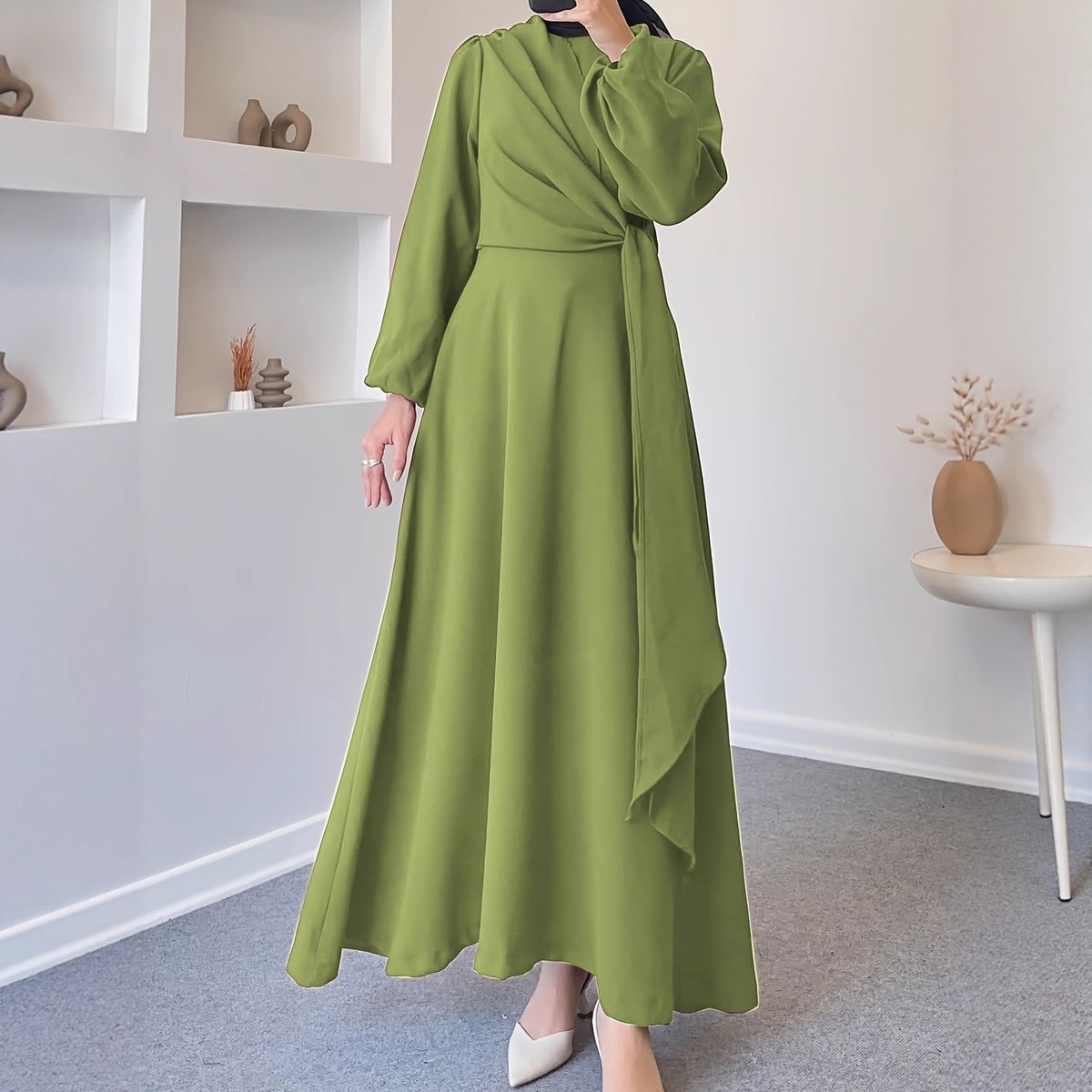 Muslim Dress Women Elegant Long Sleeve Maxi Dress With Self-Tie Detail - Women's Chic Solid Color Knitted Dress For Office & Casual Wear_ecoleips.com