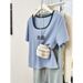 Women's Square Neck Contrast Color Short Sleeve T-Shirt - Slim Fit, Breathable & Fashionable Summer Top_ecoleips.com
