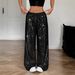 Glitter High-Waisted Lounge Pants – Loose Fit Straight Leg Trousers With Soft Stretch (Black, Beige, Silver)_ecoleips.com