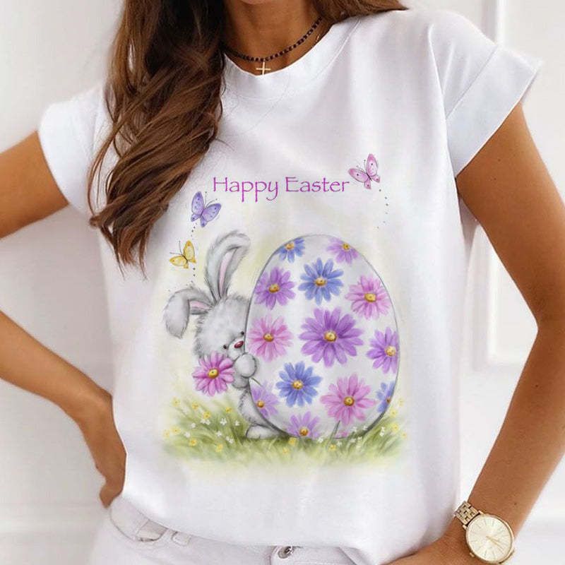 Women’s Clothing Easter T Shirt For Women, Easter Short Sleeved Tops, Rabbit Print Tops, Plus Size Women_ecoleips.com