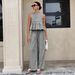 Women's Fashion Casual round Neck Sleeveless Top with Ruffled Skirt High Waist Straight Leg Pants Set_ecoleips.com