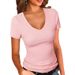 Women's Clothing Slim Fit Solid Color T-Shirt V Neck Short Sleeve Patchwork Design Summer Sexy Top_ecoleips.com