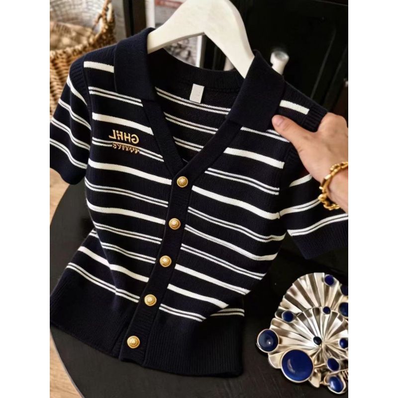 Summer New Women's Black High-End Striped Collar Short Sleeve Knit Top Fashionable And Youthful_ecoleips.com