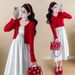 Autumn New Korean Fashion Mid-Length + Small Cardigan Two-Piece Set Maternity Dress_ecoleips.com