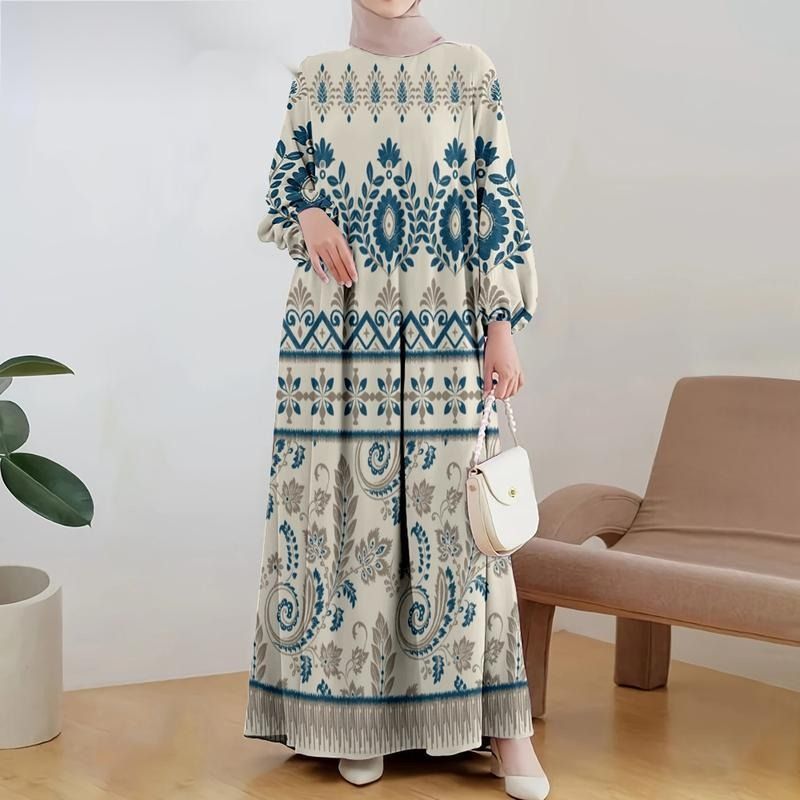 Ethnic Print Maxi Dress Modest Abaya Dress for Women Flowy Bohemian Long Sleeve Multiple Colors S-5XL_ecoleips.com