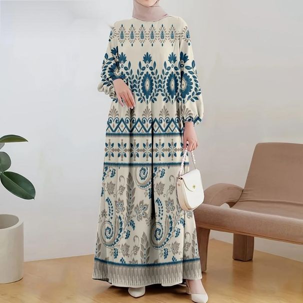 Ethnic Print Maxi Dress Modest Abaya Dress for Women Flowy Bohemian Long Sleeve Multiple Colors S-5XL_ecoleips.com
