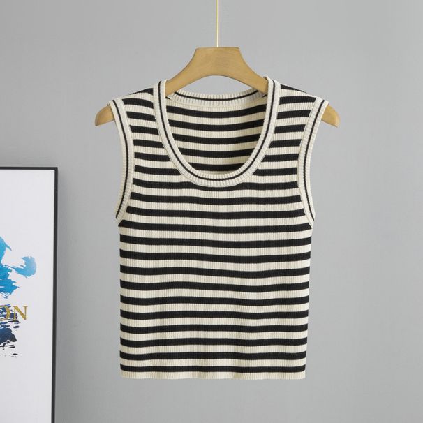 Women's Clothing Slimming Short Striped Camisole Vest Summer Versatile Outerwear Inner Wear Base Knitted Sweater Top_ecoleips.com