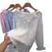 Water Forest French Romantic Linen Handmade Edge V-Neck Tie Shirt Women, Loose And Versatile Top For Women_ecoleips.com