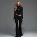 Women's Fashion Sportswear Set High Neck Long Sleeve Slim Fit T-Shirt With Flared Pants Two-Piece Outfit_ecoleips.com