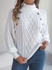 2026 Casual Solid Color Button Twist Turtleneck Lantern Sleeve Pullover Sweater Women's Clothing_ecoleips.com