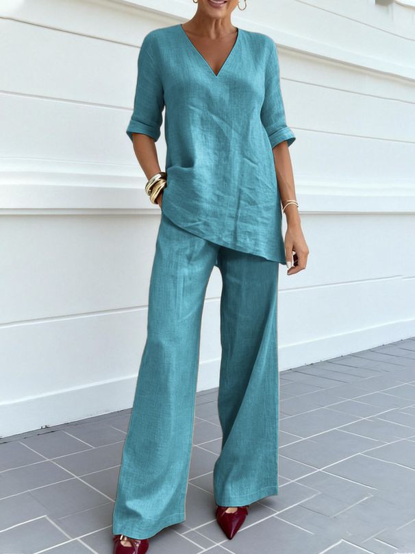 Spring Summer Women's Casual Cotton Linen Top Set Solid Color mid Sleeve V Neck Fashionable_ecoleips.com