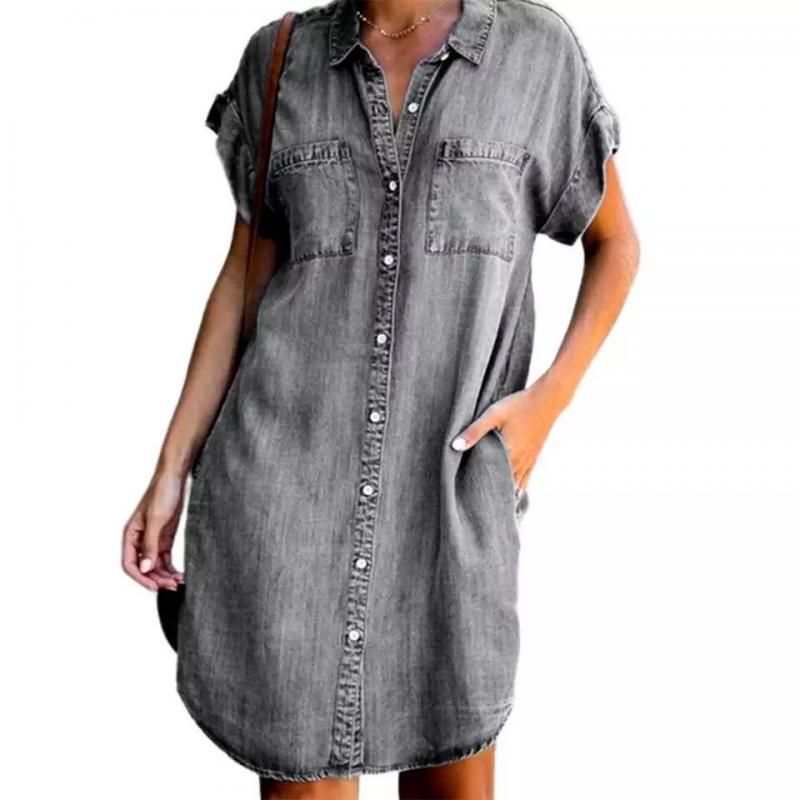 Verve Women's 2025 New Turn-Down Collar Short Sleeve Slim Fit Denim Dress_ecoleips.com