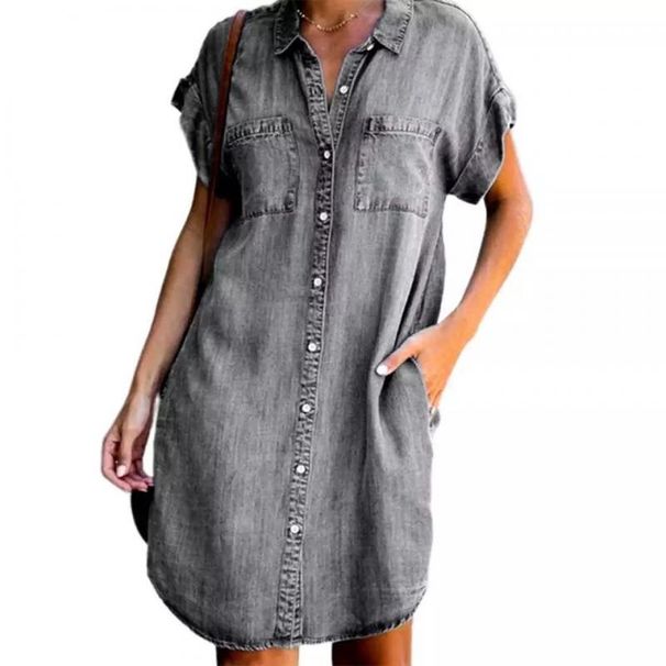 Verve Women's 2025 New Turn-Down Collar Short Sleeve Slim Fit Denim Dress_ecoleips.com