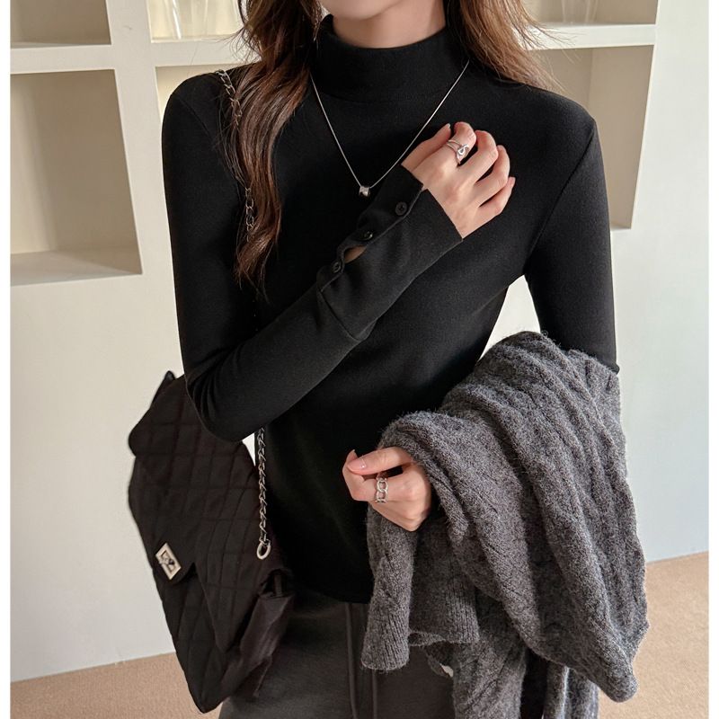 Women's High Neck Long Sleeve T-Shirt Autumn Winter Faux Cashmere German Velvet Design Base Layer Straight Shoulder mid Neck_ecoleips.com