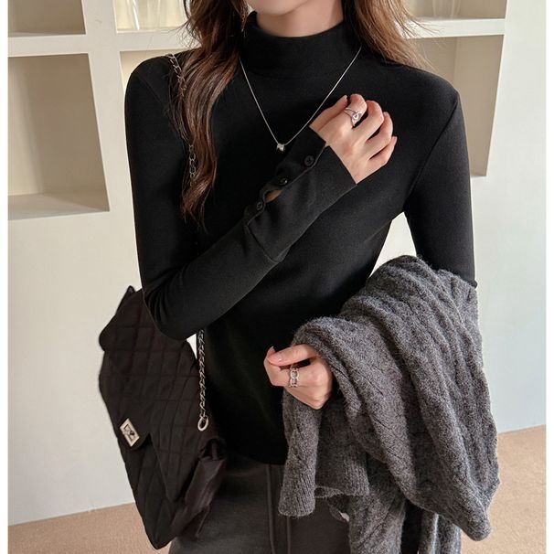 Women's High Neck Long Sleeve T-Shirt Autumn Winter Faux Cashmere German Velvet Design Base Layer Straight Shoulder mid Neck_ecoleips.com