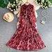 Women's French Style Elegant V Neck Dress Bow Bell Sleeve Fitted Waist Shimmering Print Ruffled Hem_ecoleips.com
