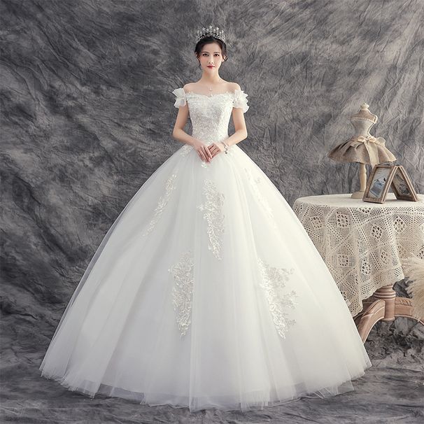 Women's Clothing Minimalist Off-Shoulder Wedding Dress – Korean-Inspired A-Line Bridal Gown With Lace-Up Back & Crinoline (XS-XXXL, Pure White)_ecoleips.com