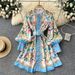 Women's V Neck Court Style Dress With Lantern Sleeves Korean Slimming Floral A-Line Skirt For Spring Summer Commuting_ecoleips.com