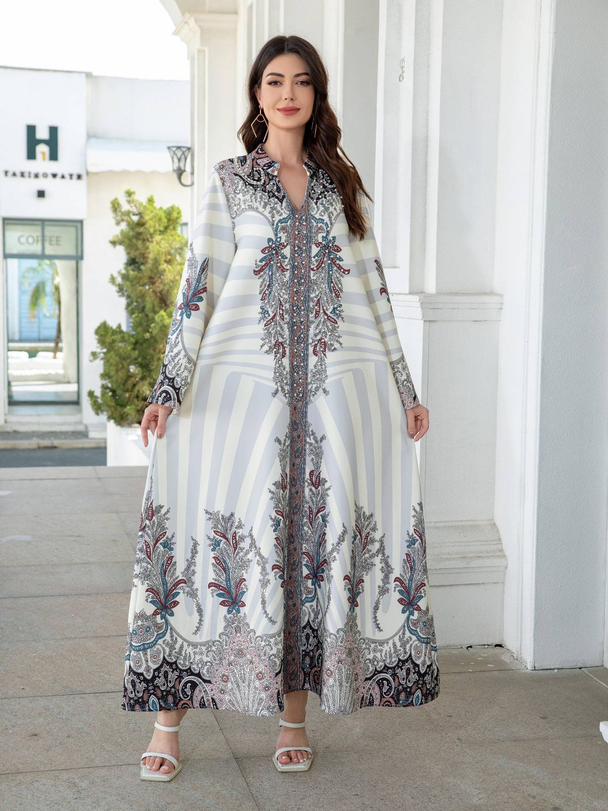 Women's Long Robe Dress Abaya, Stand Collar Design, Printed Embellished Beaded New Style, Cross-Border Muslim Fashion_ecoleips.com