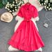 Women's French Style Lace Trimmed Collared Shirt Dress Slimming Belted Waist Summer Long Commuter Friendly Dress_ecoleips.com