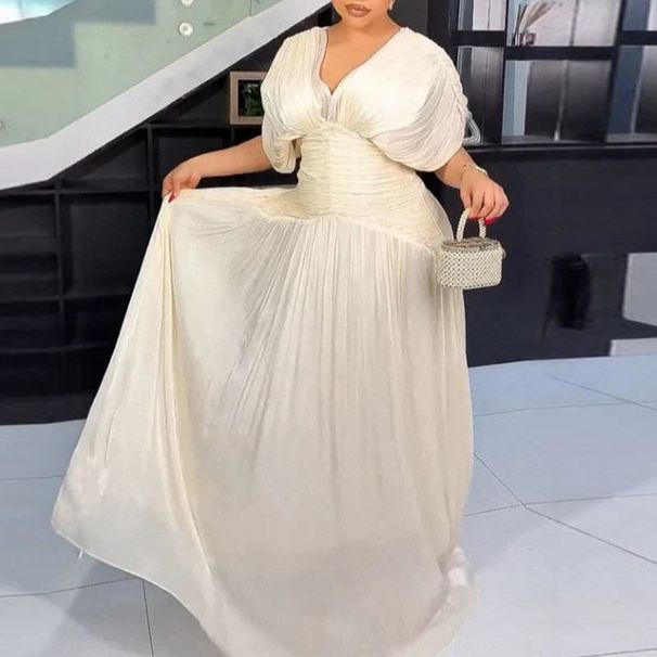 Sexy Deep V High Waist Pleated Banquet Dress Casual Backless Hollow Out Short Sleeved Dress Irregular Swing Women Elegant Dress_ecoleips.com