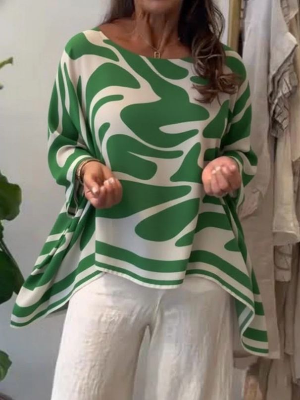 Women's Relaxed Fit Printed Woven Shirt Long Sleeve round Neck Boho Casual Blouse_ecoleips.com