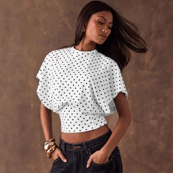 Women's T-shirt New Vintage Polka Dot Batwing Sleeve Waist-cropped Top Polka Dot Print Short Sleeve_ecoleips.com